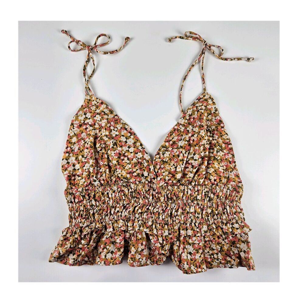 Sim & Sam Floral Smocked Ruffle Spaghetti Strap Cotton Camisole Tank Top L